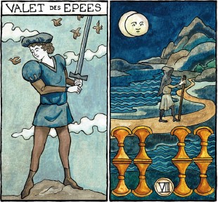 - Illustration pour le jeu de tarot Marseille-Waite, Valet d'Epées et 8 de Coupes  - Illustration pour le jeu de tarot Marseille-Waite, Valet d'Epées et 8 de Coupes