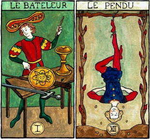- Illustration pour le jeu de tarot Marseille-Waite, Le Bateleur et le Pendu  - Illustration pour le jeu de tarot Marseille-Waite, Le Bateleur et le Pendu