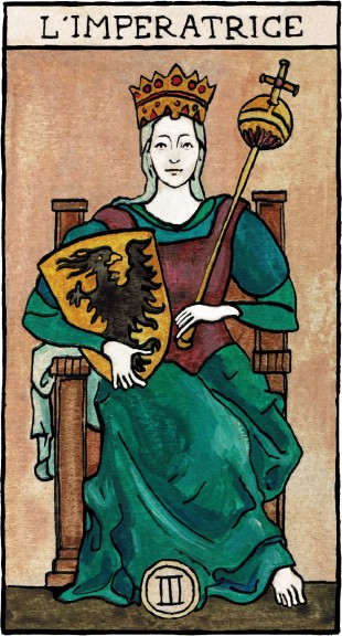 Illustrations for the tarot deck of Marseille-Waite.  L'Impératrice by Alice Laverty