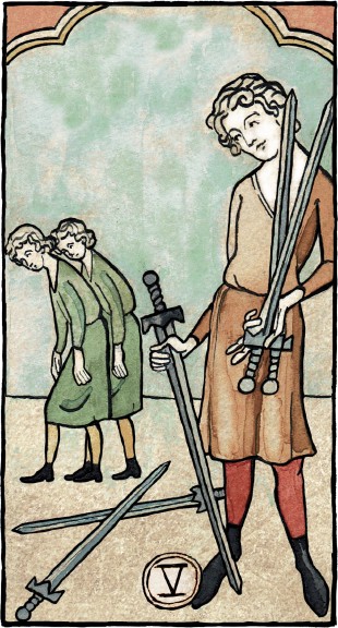 Illustrations for the tarot deck of Marseille-Waite.  3 de Bâtons par Alice Laverty