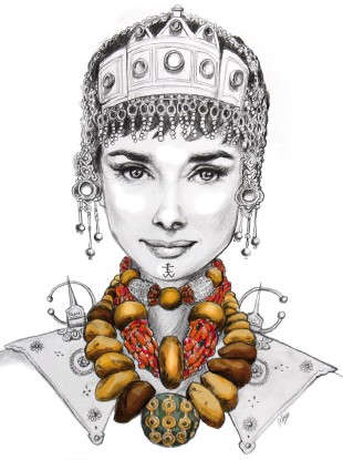 - Portrait d'Audrey Hepburn coiffée à la berbère. Commande pour des impressions textile.   - Portrait d'Audrey Hepburn coiffée à la berbère. Commande pour des impressions textile.